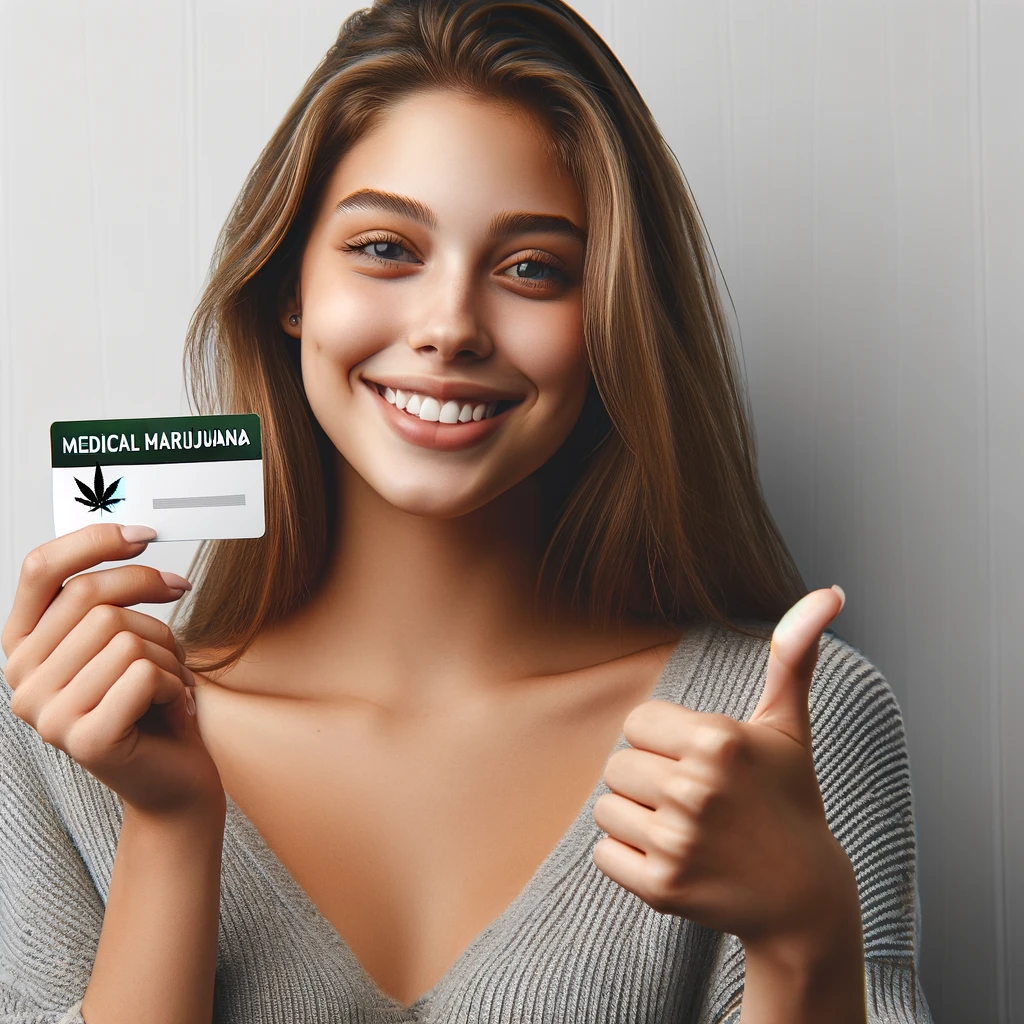 DALL·E 2024-04-18 13.11.41 - Create a realistic image of a young woman holding a generic medical marijuana card in one hand and giving a thumbs up with the other. She should be sm